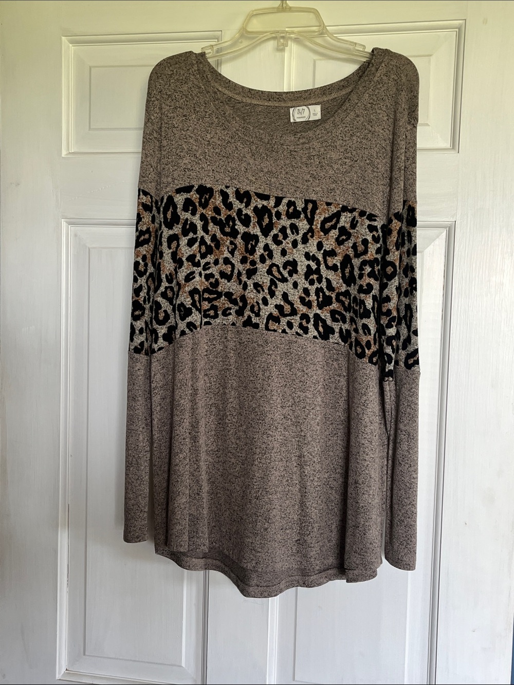 Leopard-Panel Taupe Long Sleeve Top - Women